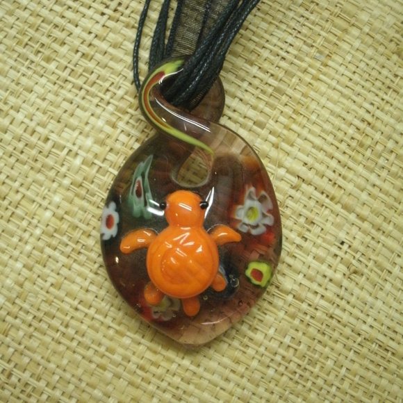 Murano Glass Turtle & Flowers Pendant Necklace - Picture 15 of 16